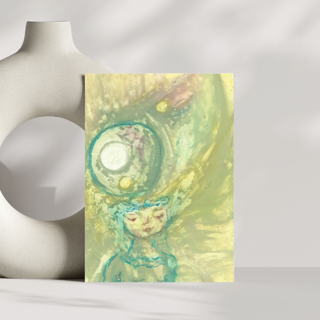 Ethereal painting of a celestial figure with a peaceful expression, surrounded by soft yellow and green hues, with a luminous orb above their head.