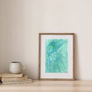 Water Goddess artwork, A4 size, an abstract and dreamy depiction of a water nymph in blue and green tones, created with oil pastel crayons.