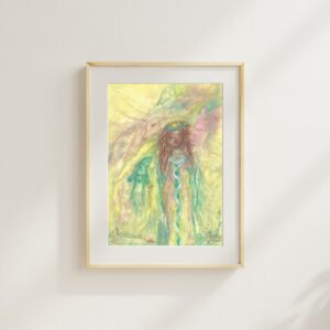 A soft and ethereal oil pastel painting titled "Unicorn Blessings" on A5 paper. The artwork features a mystical female figure with flowing brown hair, a golden crown, and a long, flowing dress in shades of green and blue. A unicorn presence is subtly depicted in the background with hints of pink and yellow light, creating a dreamy and magical atmosphere. The painting conveys a sense of serenity, connection, and divine blessings.