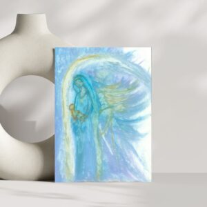 Postcard Mother Mary holding baby in hand with angel standing beside her. Colors blue and yellow.