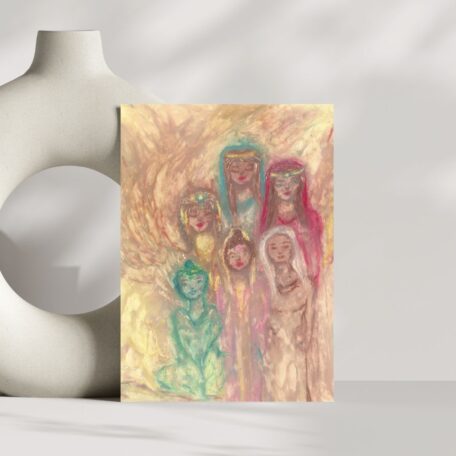 postcard depectictd are 6 drawn women. Specifically mother mary, mary magdalene, goddess Isis, quan yin, green tara and white buffelo woman.