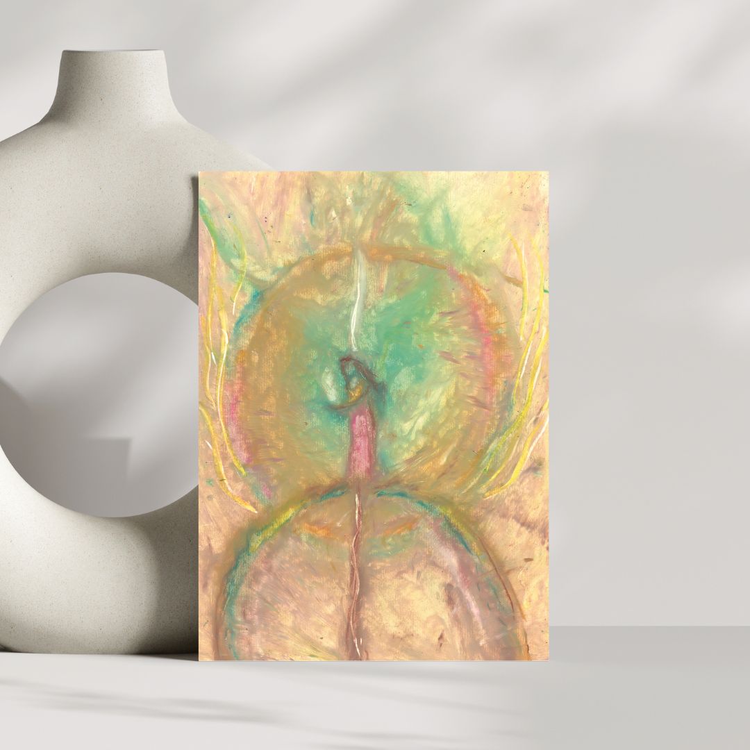 A drawn woman connected to heaven and earth