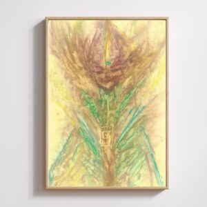 Lyran, an A3 oil pastel artwork featuring a whimsical star being, framed in a thin wooden frame. The piece radiates yellow hues, symbolizing light and higher consciousness.