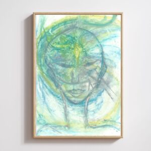 A4 oil pastel drawing of a Lemurian figure, set in a thin wooden frame. The artwork radiates a mystical and serene energy, reflecting ancient wisdom and spiritual connection.