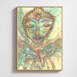 Oil pastel artwork of Green Tara titled 'Patience,' featuring her face with a brown bun, a heart-shaped butterfly, and soft green and brown tones, symbolizing patience. Framed in a thin frame.