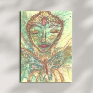Green Tara - Patience, an A4 oil pastel portrait featuring Green Tara with closed eyes, brown hair in a bun, and a butterfly-shaped heart. The artwork is created in soft green, yellow, brown, and blue tones, radiating serenity and patience.