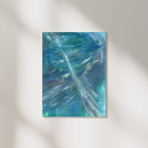 An A3 oil pastel artwork titled Light Pillar, an abstract piece that evokes a radiant beam of light descending from a celestial source. The artwork conveys a sense of cosmic energy and spiritual connection, with fluid, luminous colors that invite contemplation and wonder.