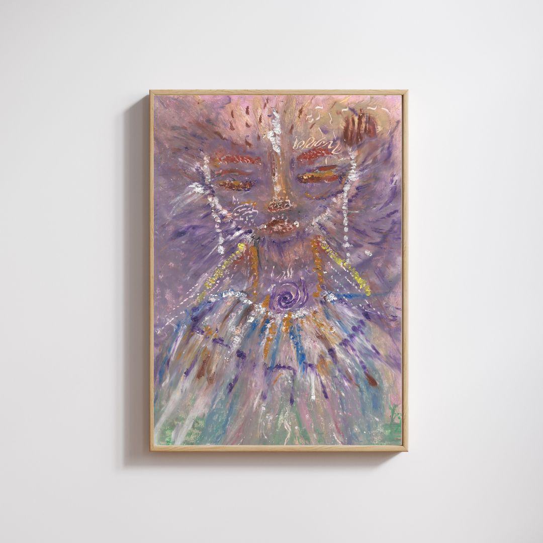 Ajuji, a whimsical Lyran star being with cat-like features, in a thin wooden frame, with purple, blue, and yellow tones and a brown-framed face.
