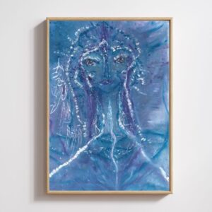 A4 oil pastel drawing titled Priestess of the Blue Lotus, featuring a mystical feminine figure in deep blue and purple tones with shimmering white and silver accents, framed in a thin wooden frame, radiating a serene, otherworldly energy.