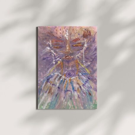 Ajuji, a whimsical Lyran star being with cat-like features, in an artwork with purple, blue, and yellow tones, and a brown-framed face.