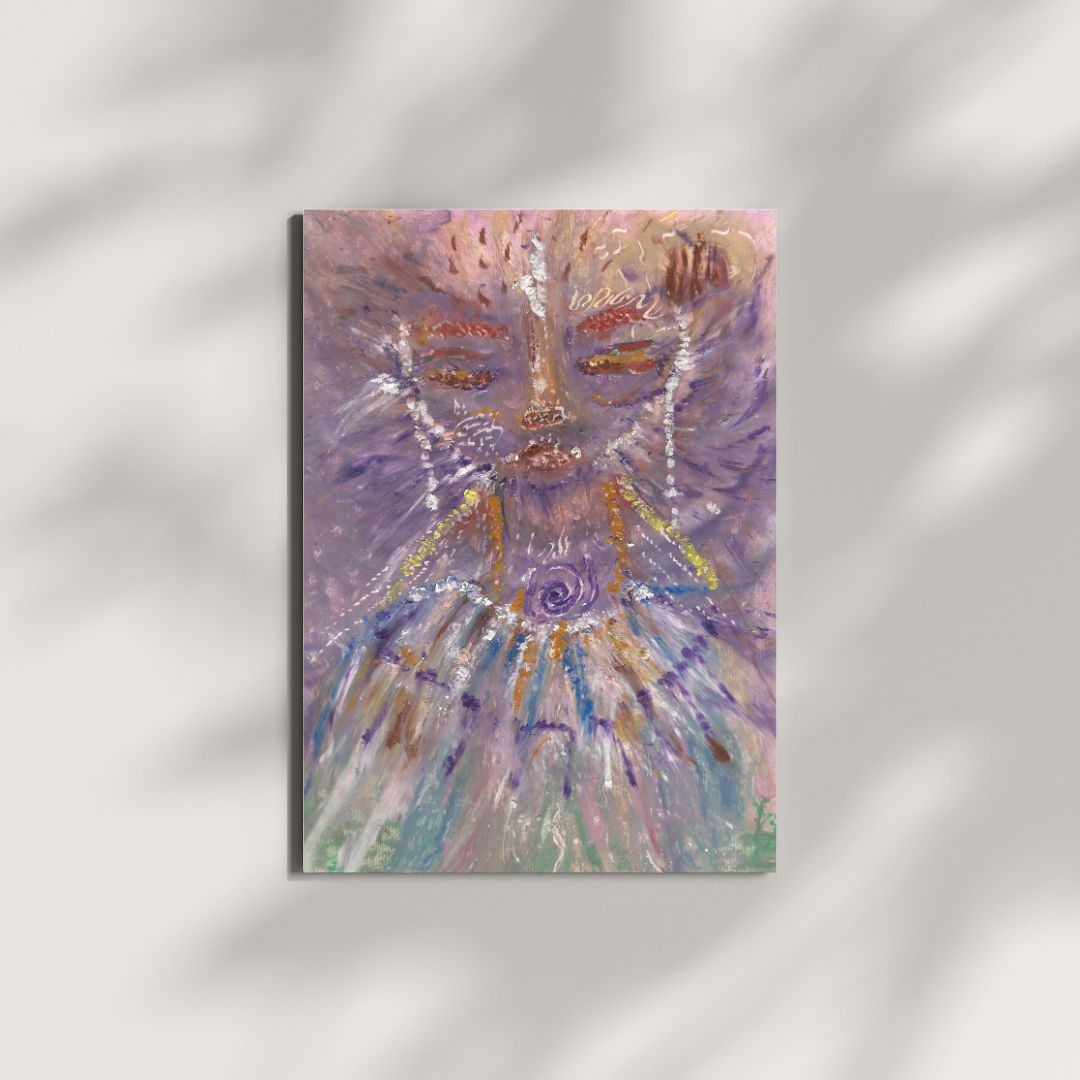 Ajuji, a whimsical Lyran star being with cat-like features, in an artwork with purple, blue, and yellow tones, and a brown-framed face.