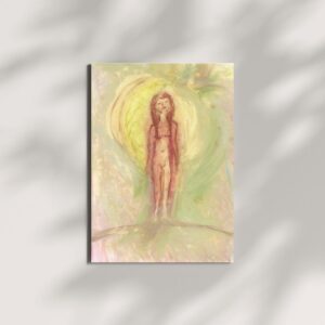 A soft, ethereal painting of a nude feminine figure standing on a curved surface, surrounded by a glowing yellow-green aura. The background consists of blended pastel tones, including hints of pink, green, and gold, creating a dreamy, organic atmosphere.