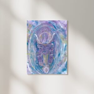 A3 oil pastel artwork featuring a portrait of Goddess Hathor within an oval egg-shaped sphere. At her throat, an egg is drawn with light language. The colors are a blend of purple and white, creating a mystical and spiritual atmosphere.