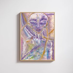 A mystical, ethereal painting of a celestial figure with delicate facial features, adorned with light language symbols. The artwork features soft hues of purple, gold, and pastel colors, creating a dreamy and spiritual atmosphere.