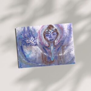 A4 oil pastel painting titled "Quan Yin's Healing Transmission," featuring Quan Yin with a serene expression, surrounded by soft blue, purple, and white hues. A mystical dragon emerges on the left, while she gently holds a woman in her hand, symbolizing divine protection and healing.