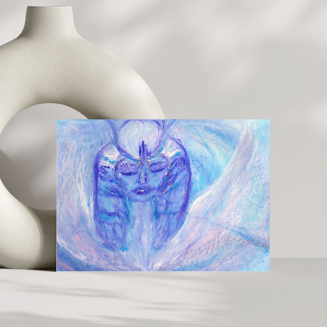 Goddess Hathor is drawn in purple and blue colors