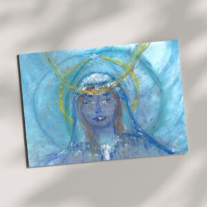 An A4 oil pastel painting titled Mother Mary - Rose Code. The artwork depicts a serene portrait of Mother Mary in soft blue tones, with a golden halo encircling her head. Her expression is calm and compassionate, exuding a sense of peace and divine wisdom. The background consists of layered shades of blue, enhancing the ethereal atmosphere.