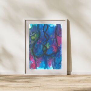 Woman's Bliss is an A3 artwork created with Ecoline and acrylic paints. The piece depicts the back of a woman with dragons surrounding her, symbolizing the rise of Kundalini energy. The artwork is framed in a white frame with a white mat.