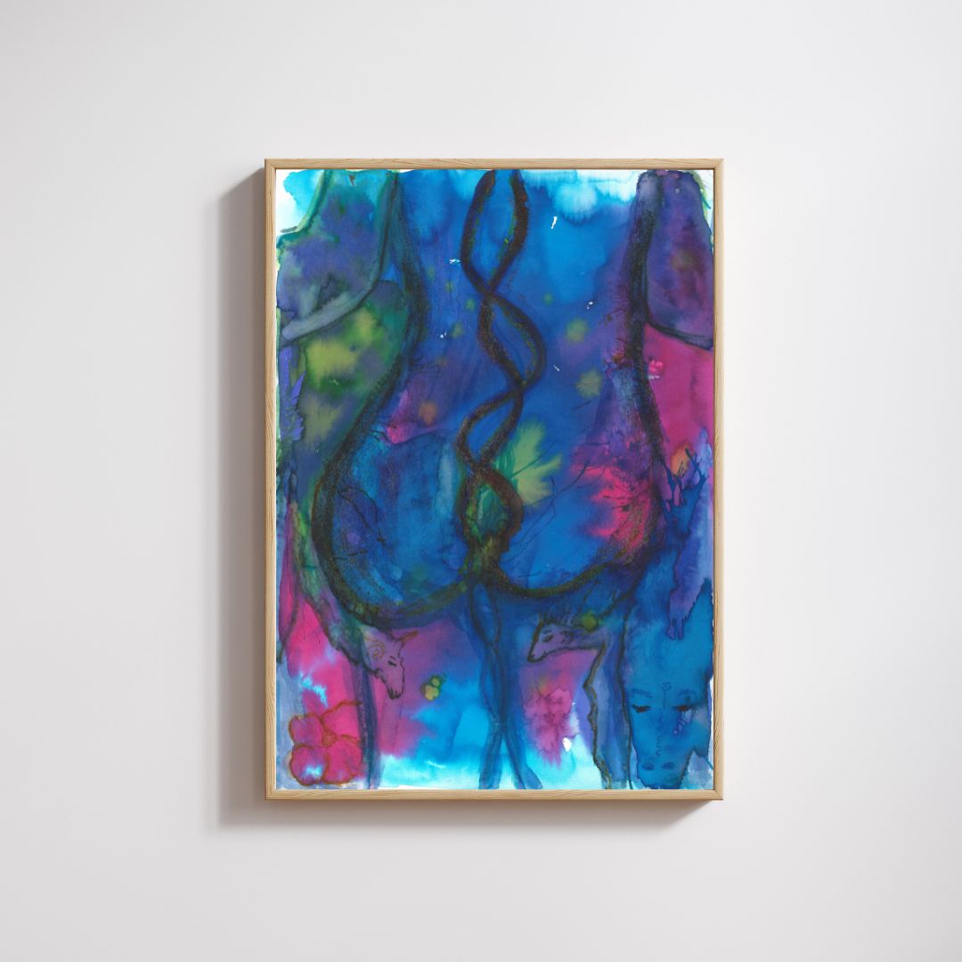 Woman's Bliss is an A3 artwork created with Ecoline and acrylic paints. The piece depicts the back of a woman with dragons surrounding her, symbolizing the rise of Kundalini energy. The painting is framed in thin wooden frame