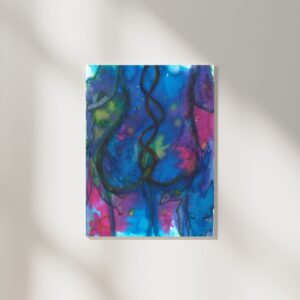 Woman's Bliss is an A3 artwork created with Ecoline and acrylic paints. The piece depicts the back of a woman with dragons surrounding her, symbolizing the rise of Kundalini energy.