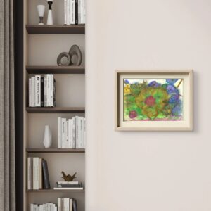 A framed painting on a warm beige wall depicting a vibrant close-up of flowers in green, pink, blue and purple, set in a light wooden frame with a cream-coloured mount.