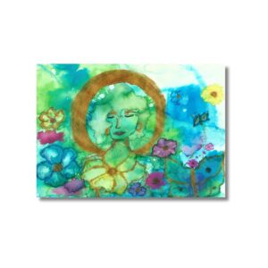 A watercolour-style painting of a serene face encircled by a golden ring, surrounded by flowers in blue, pink, yellow and purple on a turquoise and green background, with a butterfly in the upper right.