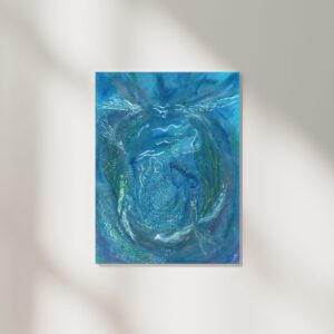 Under water world of Leumria. Blue oil paint, sea horses and whales
