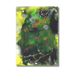 A painting of Virgo depicted as a serene female face in green tones, adorned with flowers and a butterfly, with the Virgo constellation in gold below.