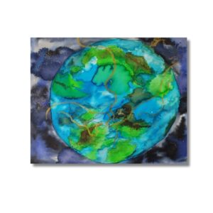 A painting of planet Earth in vivid blue and green tones against a deep purple cosmic background.