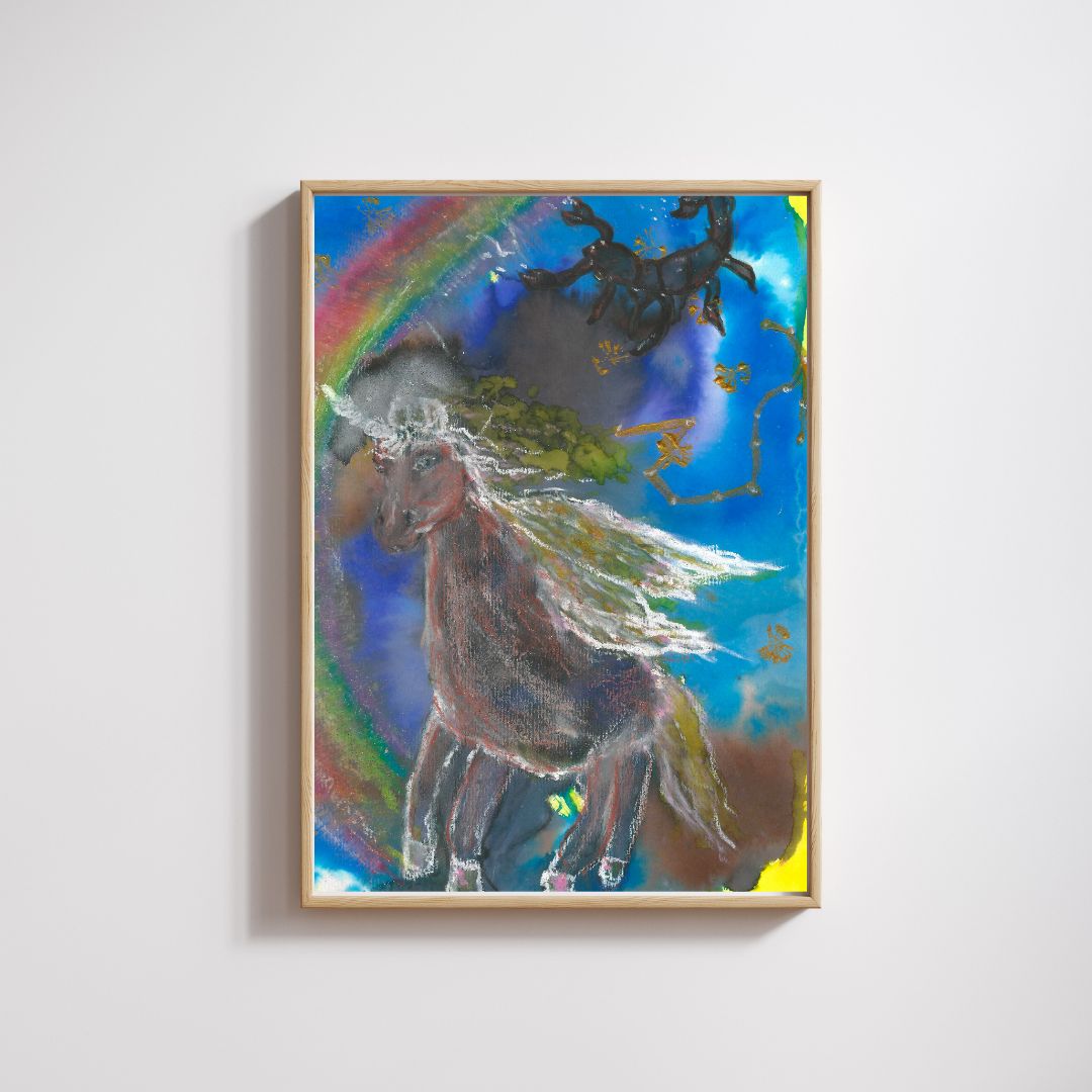 The painting "Scorpio" features a brown unicorn with a white horn, set against a deep blue background. The Scorpio constellation is outlined in gold, and a scorpion is drawn in the top right corner. A rainbow arches behind the unicorn on the left. The artwork, created with ecoline, oil pastels, and gold acrylic, is framed in a thin wooden frame, enhancing its mystical charm.