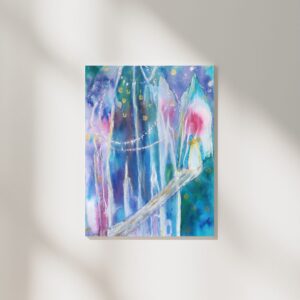 *Crystal City of Light* – A watercolor painting depicting a crystal city of light, with a light being walking towards one of the healing chambers. The scene is bathed in hues of white, pink, and blue, creating a serene and ethereal atmosphere.