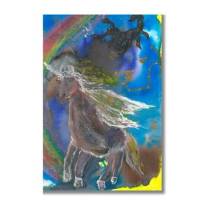 A painting of Scorpio depicting a galloping horse with a flowing mane against a vivid blue sky with a rainbow, a black scorpion and the Scorpio constellation in gold.