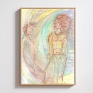 An A4 oil pastel artwork with two figures gazing at each other, surrounded by soft, flowing colors in yellow, blue, and pastel hues, framed in a thin wooden frame. The figures radiate a spiritual and dreamy.