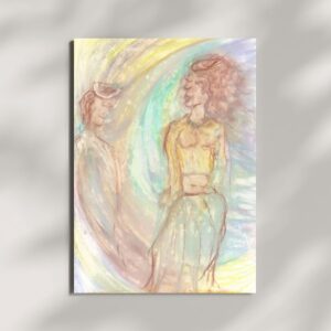 Een A4 oliepastel kunstwerk met twee figuren die elkaar aankijken, omgeven door zachte, golvende kleuren in geel, blauw en pastelkleuren. De figuren stralen een spirituele en dromerige energie uit.
