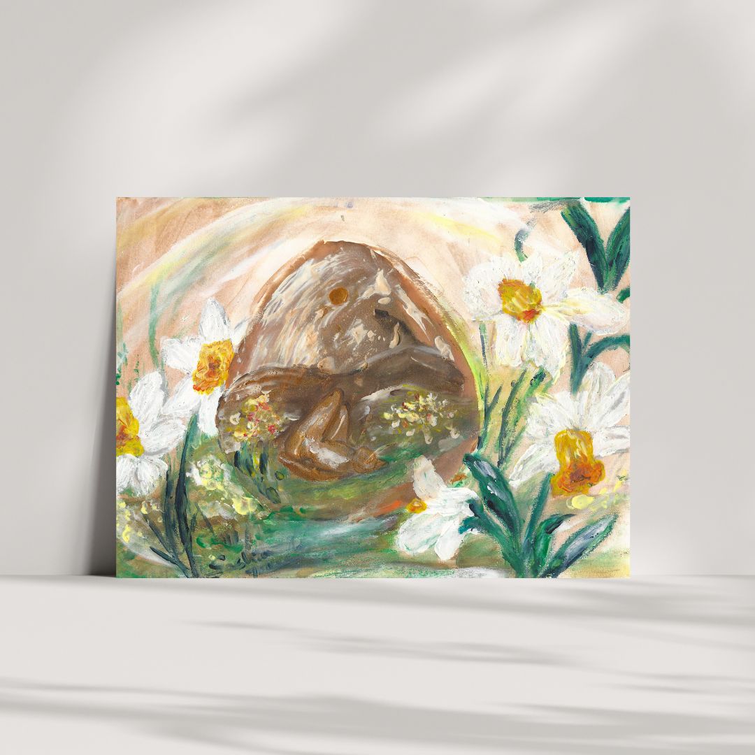 A painting featuring an earthy-toned scene with a curled-up figure inside a cave-like structure, surrounded by white and yellow flowers. The background consists of soft, warm hues with a subtle rainbow-like arch.