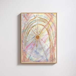 Original geometric oil pastel drawing 'Rays of the Sun' by Saskia Jonkers, featuring a sun at the center of a cosmic gateway with vibrant colors and abstract shapes, perfect for modern interiors.
