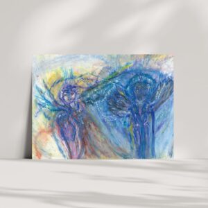 An A3 oil pastel artwork depicting Goddess Isis veiled over a girl, with a blue woman with wings beside her. The piece features soft, ethereal colors and flowing lines, creating a mystical and spiritual atmosphere.