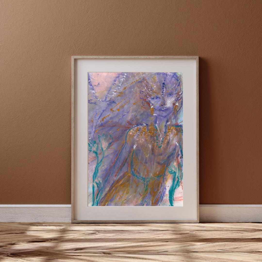 Goddess Ishtar artwork in oil pastels and gold acrylic hanging on a mocha-colored wall, featuring the goddess with a green papyrus plant next to her in purple tones