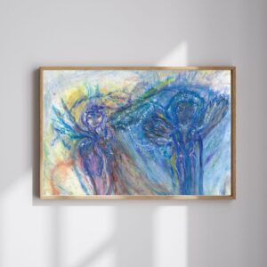 An A3 oil pastel artwork depicting Goddess Isis veiled over a girl, with a blue woman with wings beside her. The piece features soft, ethereal colors and flowing lines, creating a mystical and spiritual atmosphere.