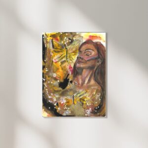 A painting of a woman with long, reddish-brown hair and a serene expression. Her eyes are closed, and yellow butterflies flutter around her. The background consists of warm tones of yellow, brown, and gold, with splashes of white and black, creating a dreamy and mystical effect.