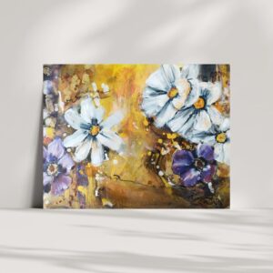 A painting created with acrylic and oil paint, featuring white and purple cosmos flowers against a warm yellow and brown background. The artwork combines expressive brushstrokes and soft textures, evoking a sense of lightness and natural harmony.