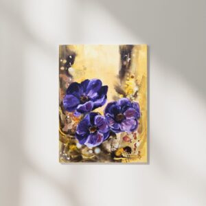 Abstract painting on canvas with a background in yellow, brown, and black, featuring three purple anemones as the central element.