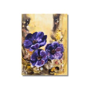 A painting of three deep purple anemones on a warm golden-brown background.