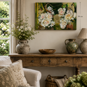 Original floral painting "Rose 11 – Green Garden of Happiness" by Saskia Jonkers styled in a warm, sunlit country interior with soft neutral tones, rustic wooden furniture, fresh flowers, and natural light creating a calm and inviting living space