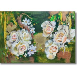 white painted roses on a green and gold abstract background