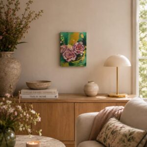 painting the grace of pink roses hanging in a warm interior with neautral colors. The painting has a green abstract background.