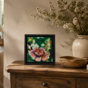 Art of a Pink rose on a wooden side table