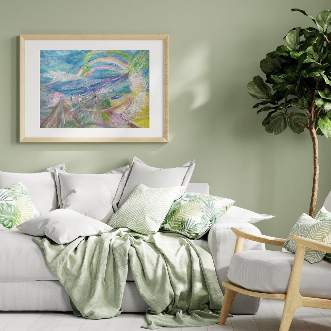 Mount Shasta artwork framed, hanging on a pastel green wall, showcasing a pastel-colored landscape with a spaceship above the mountain and colorful circles.