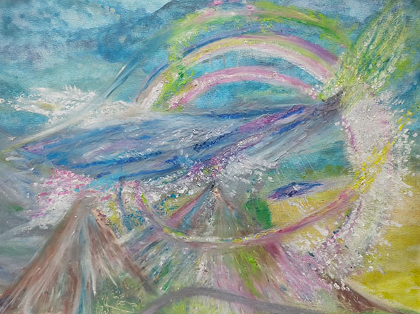 "Mount Shasta artwork featuring a pastel landscape with the mountain, spaceships, and colorful circles in shades of pink, green, and blue.