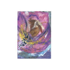 A painting of a woman curled up inside a large swirling pink and purple flower, surrounded by tones of yellow, blue and grey.
